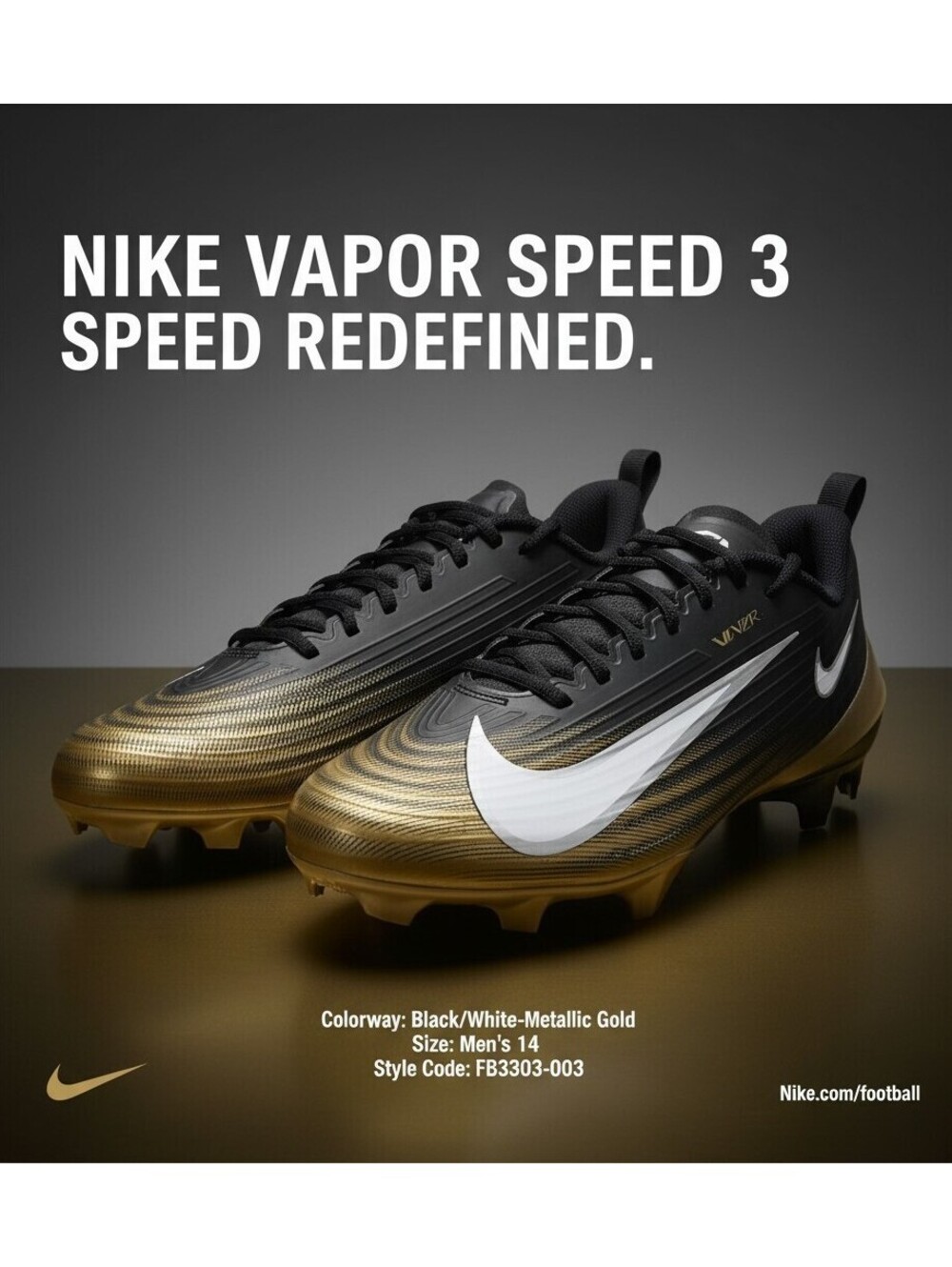 Nike Vapor Speed 3 Football Cleats NWOT Men's 14 Black Metallic Gold FB3303-003